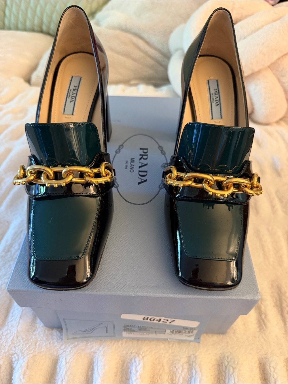 Prada Green Patent Leather Loafers with Gold Chain